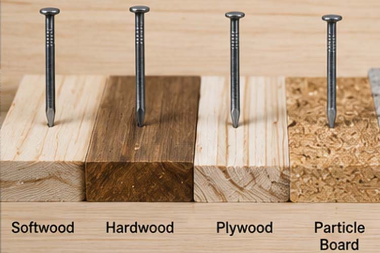 alt="different wire nail sizes selected for softwood hardwood plywood particle board and concrete applications"