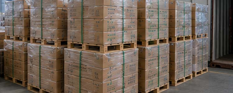 alt="packaged wire nails stacked on pallets and prepared for international export from a modern manufacturing factory"