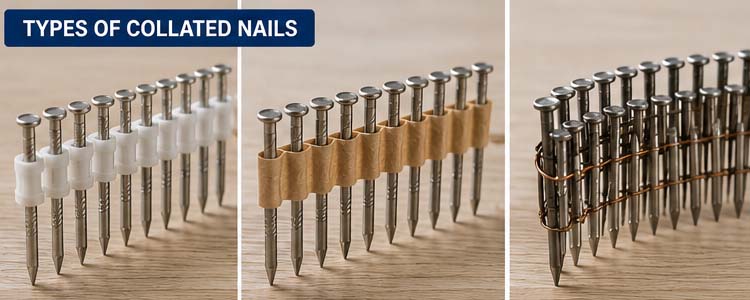 alt="collated nails used with pneumatic nail guns for house framing roof construction wooden pallets and industrial woodworking"