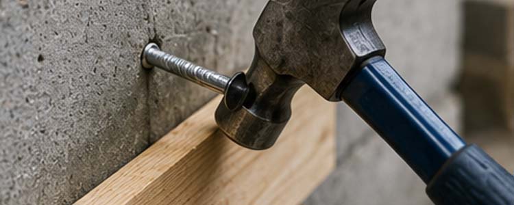 alt="hammer driving a concrete nail through a wooden strip into a concrete wall during building installation"