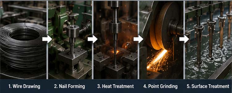 alt="automatic concrete nail manufacturing process including wire drawing nail forming heat treatment point grinding and surface coating"