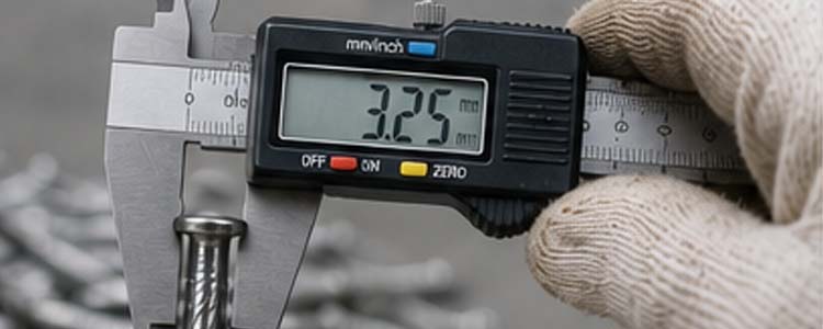 alt="factory technician measuring concrete nail dimensions with a digital caliper during quality control inspection"