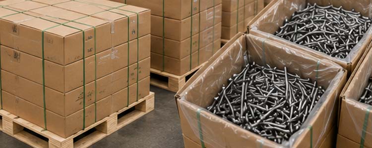 alt="finished wire nails produced from premium steel wire and packaged for warehouse storage and international export"