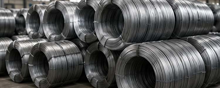 alt="low carbon steel wire coils stacked in an industrial warehouse for high quality wire nail production"
