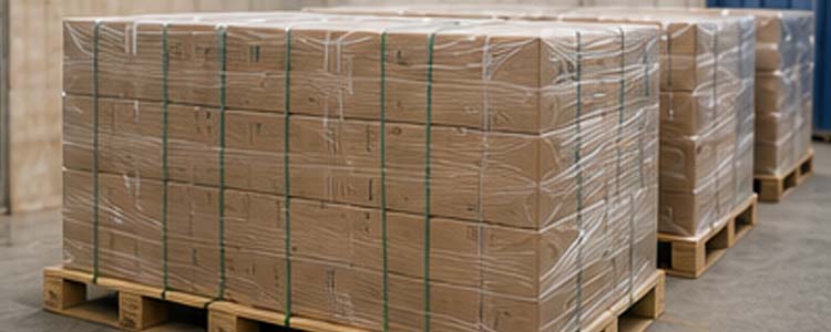 alt="packaged collated nails stacked on export pallets for warehouse storage international shipping and global distribution"