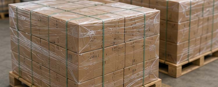 alt="packaged concrete nails prepared on wooden pallets for warehouse storage and international export shipment"