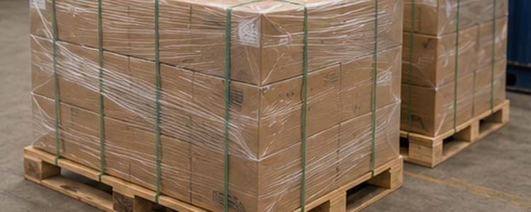 alt="packaged pallet nails on wooden pallets prepared for warehouse storage and international export shipment"