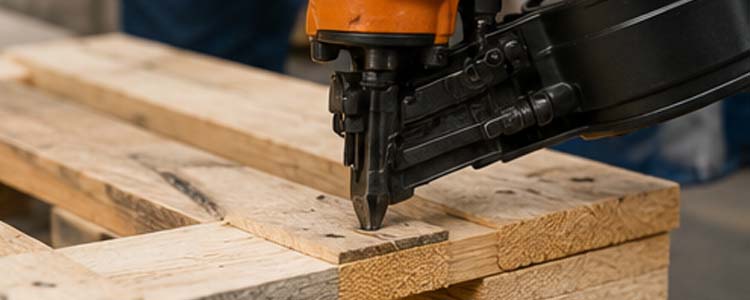 alt="pneumatic nail gun fastening pallet nails into wooden pallet boards during industrial pallet assembly"