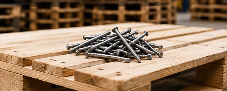 alt="wooden pallet with high quality pallet nails used for logistics warehousing and industrial transportation"
