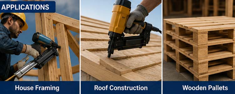 alt="plastic collated framing nails designed for fast automatic feeding in pneumatic framing nailers"