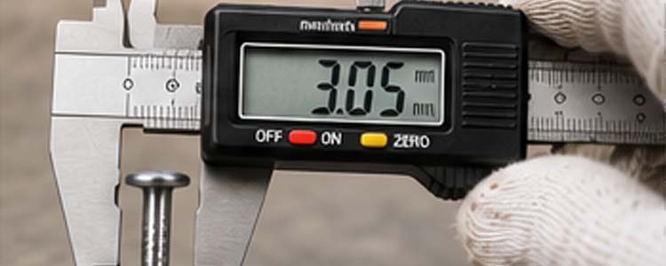 alt="digital caliper inspecting roofing nail dimensions coating thickness and head size during factory quality control"
