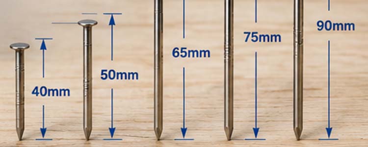alt="standard pallet nail sizes ranging from 40 mm to 90 mm for wooden pallet manufacturing and packaging"
