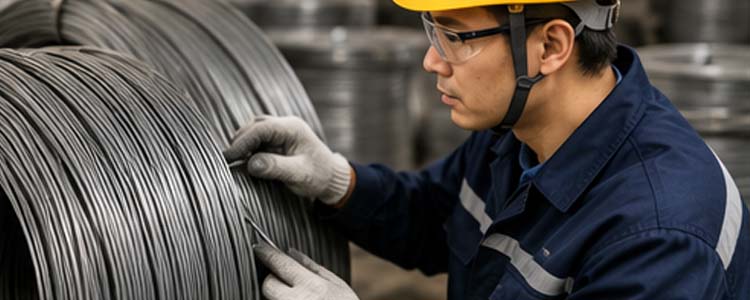 alt="factory technician inspecting the surface quality of steel wire coils before nail manufacturing begins"