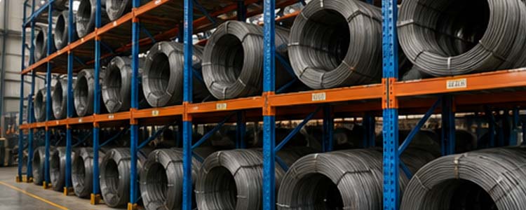 alt="organized warehouse storing steel wire coils in a clean dry environment for efficient inventory management"