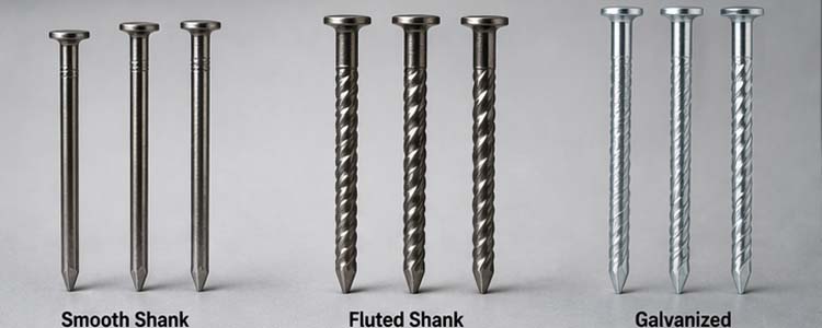 alt="comparison of smooth shank fluted shank and galvanized concrete nails for different construction applications"