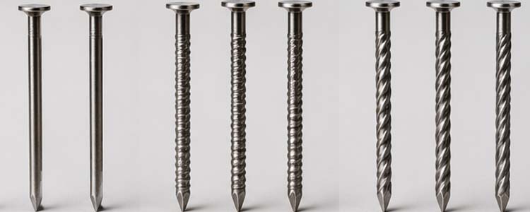 alt="comparison of smooth shank ring shank and screw shank pallet nails for different wood fastening applications"
