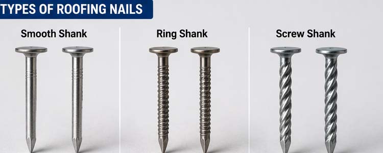 alt="comparison of smooth shank ring shank and screw shank roofing nails for different roof fastening applications"