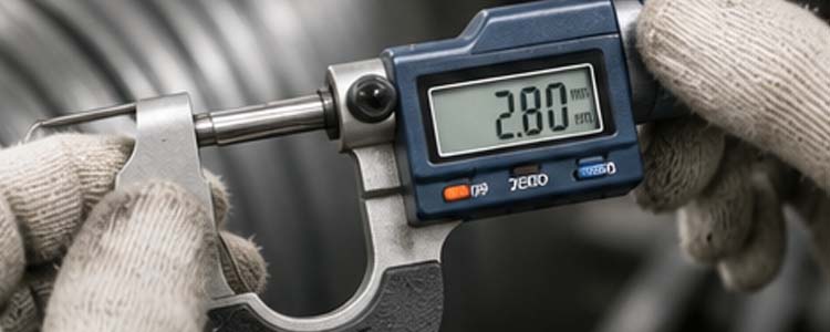 alt="precision digital micrometer measuring steel wire diameter to ensure accurate nail manufacturing specifications"