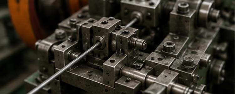 alt="steel wire feeding into an automatic nail making machine during continuous industrial production"