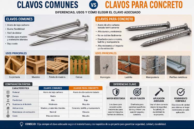 alt="Comparación entre clavos comunes y clavos para concreto mostrando sus diferencias en material, resistencia, aplicaciones y rendimiento para proyectos de construcción y carpintería"