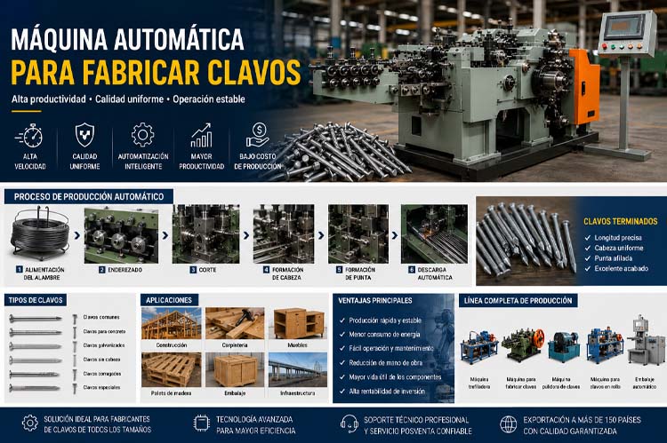 alt="Máquina automática para fabricar clavos de alta velocidad con línea de producción industrial para fabricar clavos de acero con alta eficiencia, precisión y calidad constante"