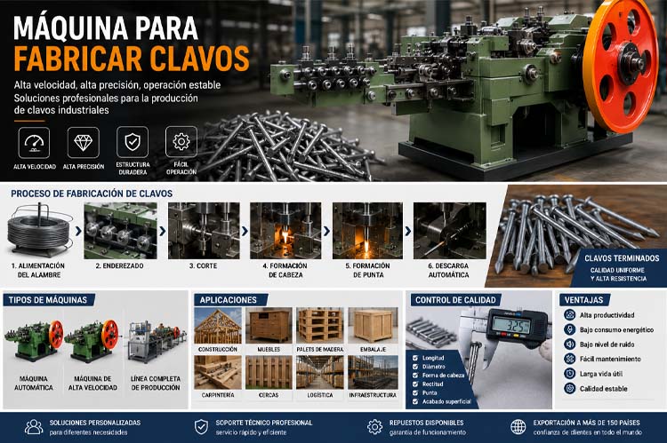 alt="Máquina automática para fabricar clavos de alta velocidad produciendo clavos de acero para las industrias de la construcción, carpintería y fabricación industrial"