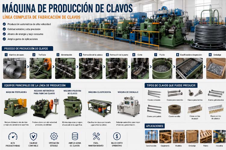 alt="L&iacute;nea autom&aacute;tica de producci&oacute;n de clavos con m&aacute;quina trefiladora, m&aacute;quina para fabricar clavos de alta velocidad y sistema de embalaje para una fabricaci&oacute;n industrial eficiente"