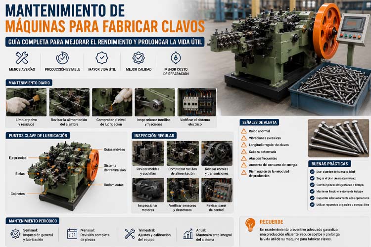 alt="Mantenimiento preventivo de una m&aacute;quina autom&aacute;tica para fabricar clavos mediante inspecci&oacute;n, lubricaci&oacute;n y limpieza para mejorar la productividad y prolongar la vida &uacute;til del equipo industrial"