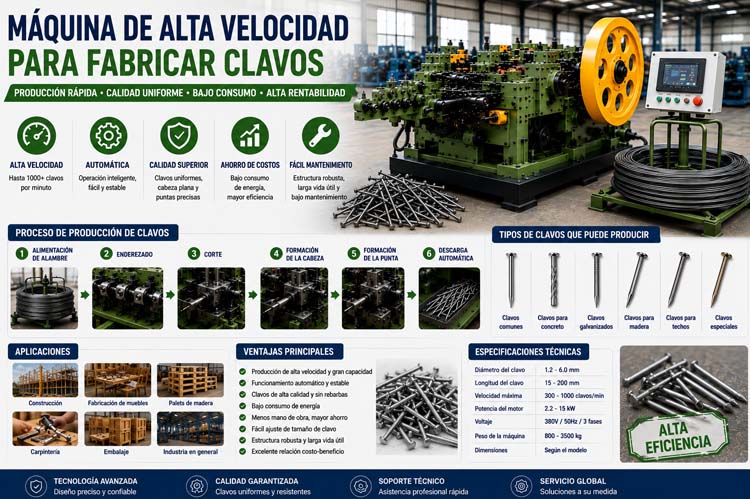 alt="M&aacute;quina de alta velocidad para fabricar clavos con alimentaci&oacute;n autom&aacute;tica de alambre, proceso completo de producci&oacute;n, control inteligente y fabricaci&oacute;n industrial de clavos de acero"