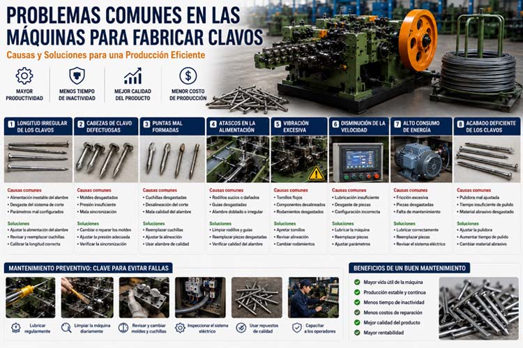 alt="Infografía sobre los problemas comunes en las máquinas para fabricar clavos, con soluciones para mejorar la productividad, reducir el tiempo de inactividad y optimizar la producción industrial"