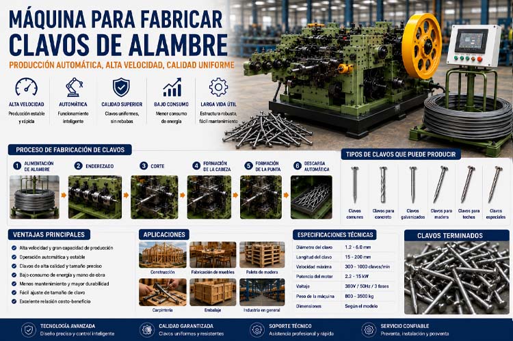 alt="Máquina para fabricar clavos de alambre de alta velocidad con alimentación automática de alambre, proceso completo de fabricación, control PLC inteligente y producción industrial de clavos de acero"