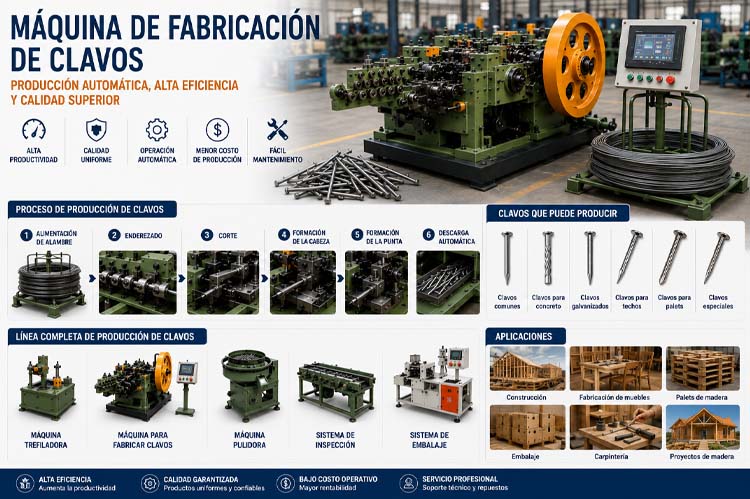 alt="Máquina automática de fabricación de clavos con línea de producción industrial que muestra el proceso de alimentación de alambre, conformado de clavos, inspección de calidad y embalaje automatizado"