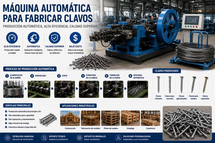 alt="Máquina automática para fabricar clavos de alta velocidad con sistema de alimentación de alambre, producción automatizada e inspección de calidad para la fabricación industrial de clavos"