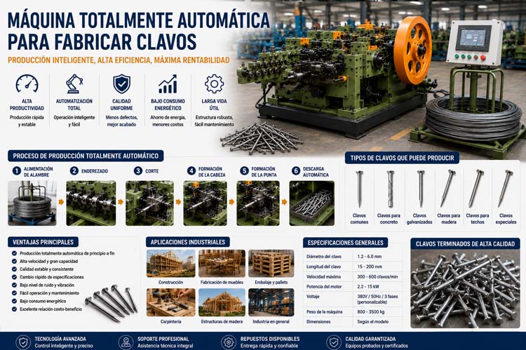 alt="Máquina totalmente automática para fabricar clavos con alimentación automática de alambre, producción de alta velocidad y sistema inteligente de control para la fabricación industrial de clavos de acero"