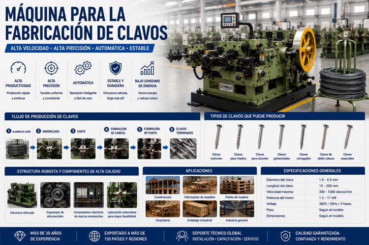 alt="Máquina para la fabricación de clavos totalmente automática con alimentación de alambre, conformado de alta precisión, control PLC inteligente y línea industrial para producir clavos de acero"