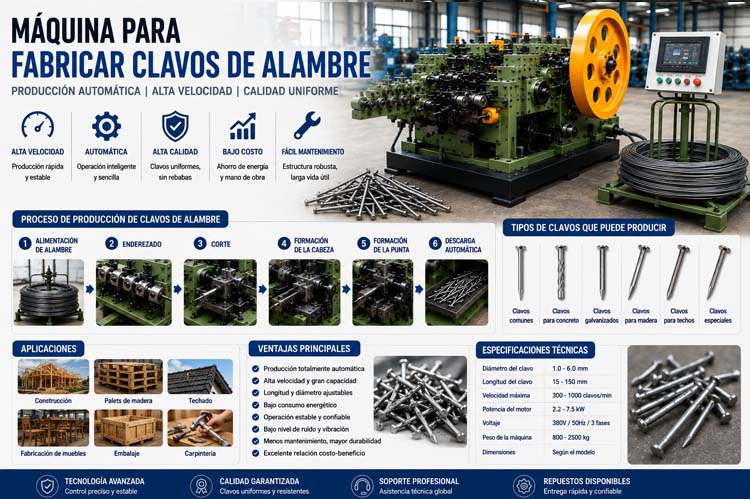 alt="Máquina para fabricar clavos de alambre de alta velocidad con alimentación automática de acero, conformado de clavos e inspección de calidad en una línea de producción industrial"