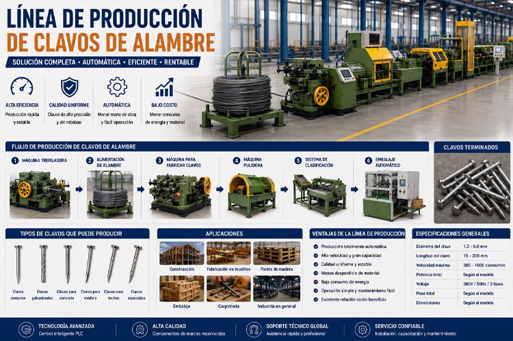 alt="Línea de producción de clavos de alambre totalmente automática con máquina trefiladora, máquina para fabricar clavos, sistema de pulido, clasificación y embalaje para la fabricación industrial de clavos de acero"