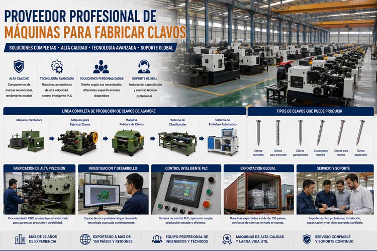 alt="Proveedor profesional de máquinas para fabricar clavos con fábrica moderna, equipos automáticos de alta velocidad, línea completa de producción de clavos de acero y soluciones industriales personalizadas"