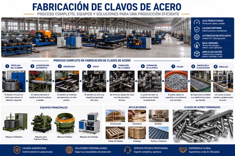 alt="Línea automática de fabricación de clavos de acero con máquina trefiladora, máquina de alta velocidad para fabricar clavos, sistema de pulido, inspección y embalaje industrial"