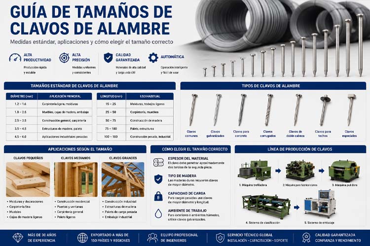alt="Guía de tamaños de clavos de alambre con tabla de diámetros, longitudes estándar, aplicaciones industriales y especificaciones para construcción, carpintería y fabricación de palets"