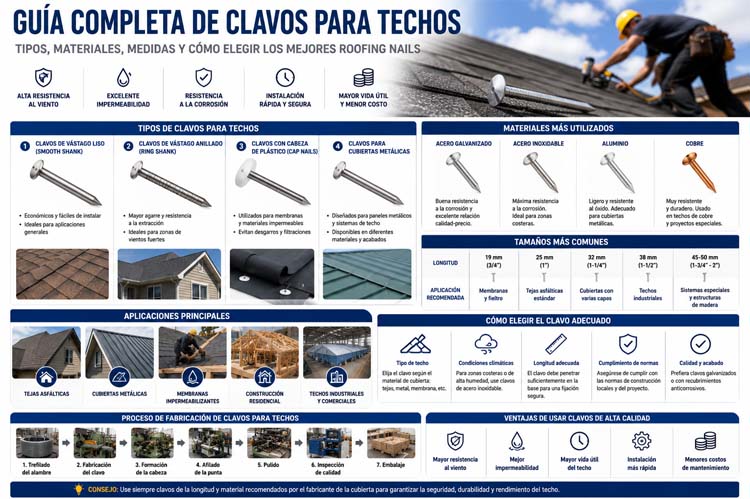 alt="Infografía sobre clavos para techos que compara clavos de vástago liso, vástago anillado, clavos con cabeza de plástico y clavos para cubiertas metálicas, incluyendo materiales, tamaños, aplicaciones y proceso de fabricación de roofing nails"