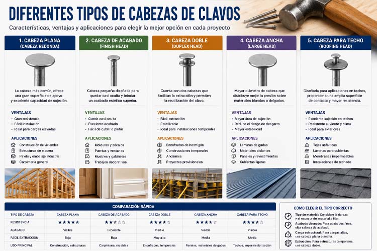alt="Infografía sobre los diferentes tipos de cabezas de clavos que compara cabeza plana, cabeza de acabado, cabeza doble, cabeza ancha y cabeza para techo con sus características, ventajas y aplicaciones en construcción, carpintería y fabricación industrial"