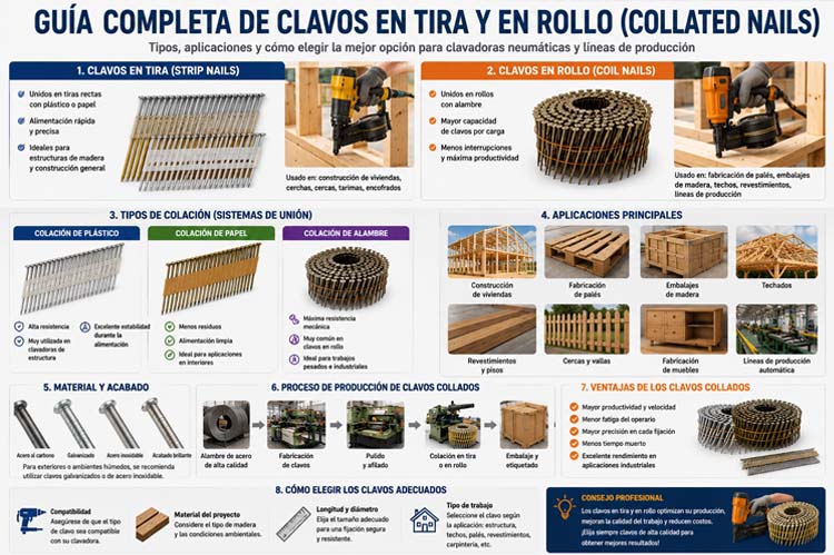 alt="Infografía sobre clavos en tira y en rollo que compara strip nails y coil nails, los sistemas de colación con plástico, papel y alambre, sus aplicaciones en clavadoras neumáticas y la fabricación industrial de palés y estructuras de madera"