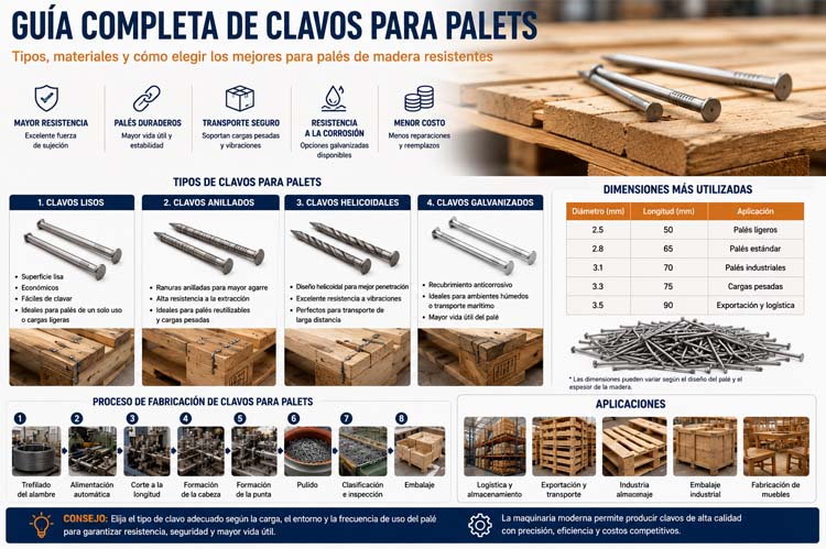 alt="Infografía sobre clavos para palets que compara clavos lisos, clavos anillados, clavos helicoidales y clavos galvanizados, con medidas estándar, proceso de fabricación y aplicaciones para palés de madera en logística y transporte"