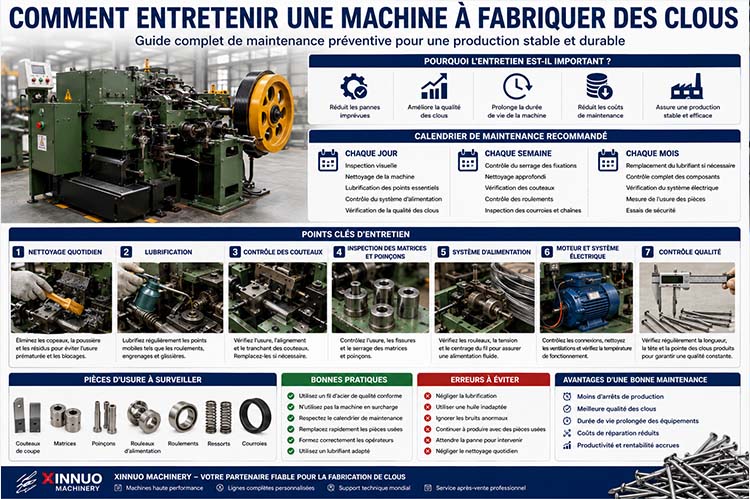 Guide illustré sur l'entretien d'une machine à fabriquer des clous avec les étapes de maintenance préventive, de lubrification, d'inspection et de contrôle qualité