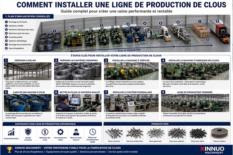 Infographie montrant comment installer une ligne de production de clous automatique, de la préparation de l'atelier jusqu'au conditionnement des produits finis