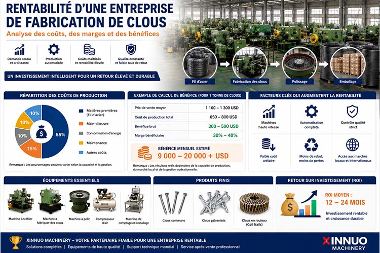 Infographie sur la rentabilité d'une entreprise de fabrication de clous présentant les coûts de production, les bénéfices, le retour sur investissement et une ligne de production automatique
