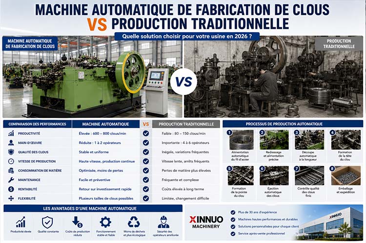Comparaison entre une machine automatique de fabrication de clous et une production traditionnelle pour améliorer la productivité industrielle