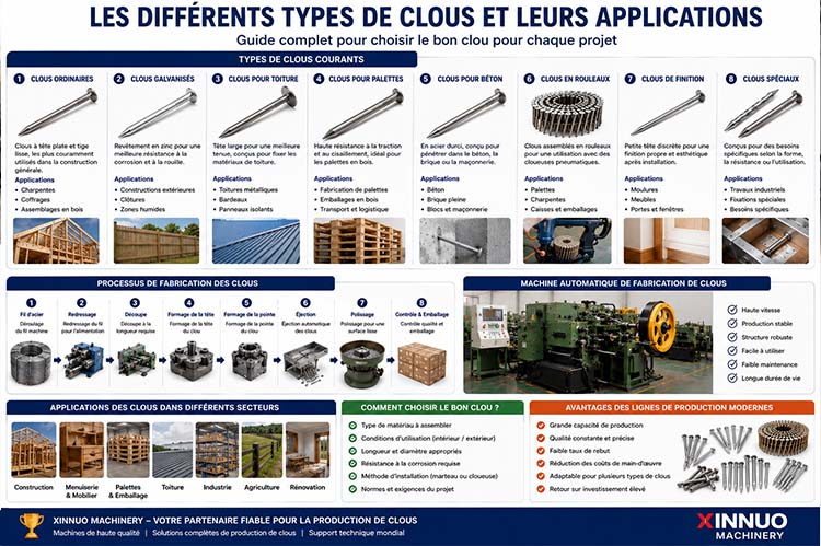 Infographie présentant les différents types de clous, leurs applications, le processus de fabrication et une machine automatique de fabrication de clous