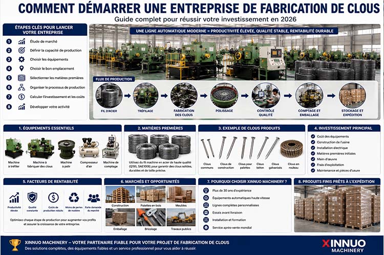Infographie expliquant comment démarrer une entreprise de fabrication de clous avec une ligne de production automatique, les équipements essentiels et les étapes de l'investissement